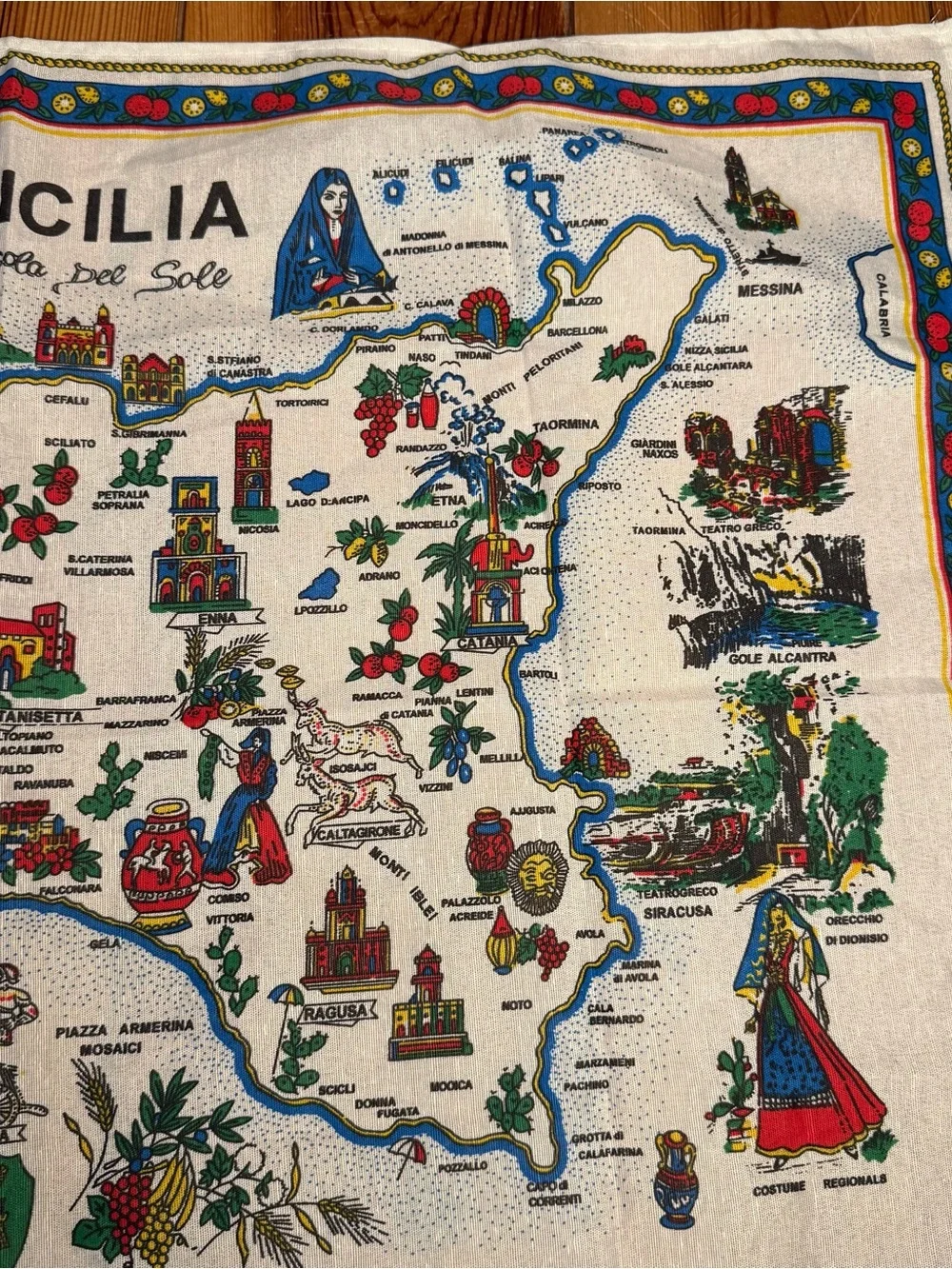 Sicilia Cotton Tea Towel Souvenir Wall Hanging Map Landmark Tapestry Italy
